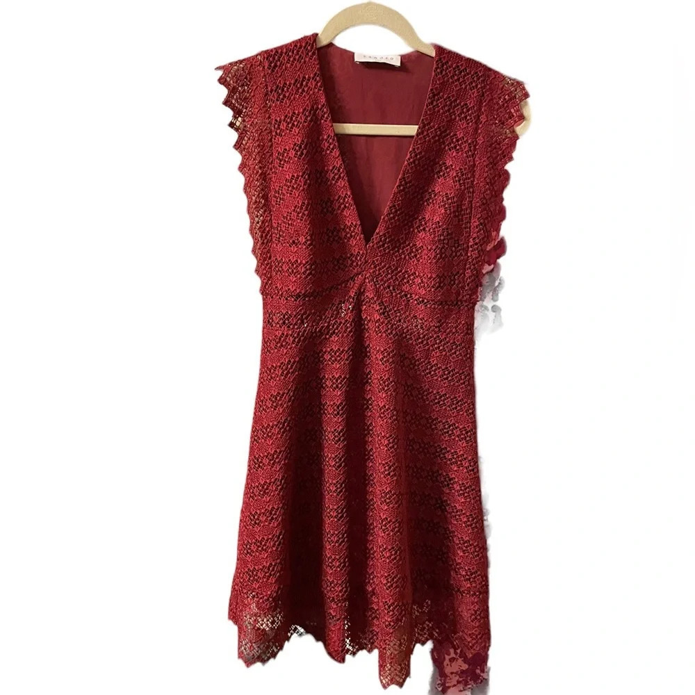 SANDRO CRANBERRY CROCHET LACE FIT & FLARE DRESS - Picture 3 of 6